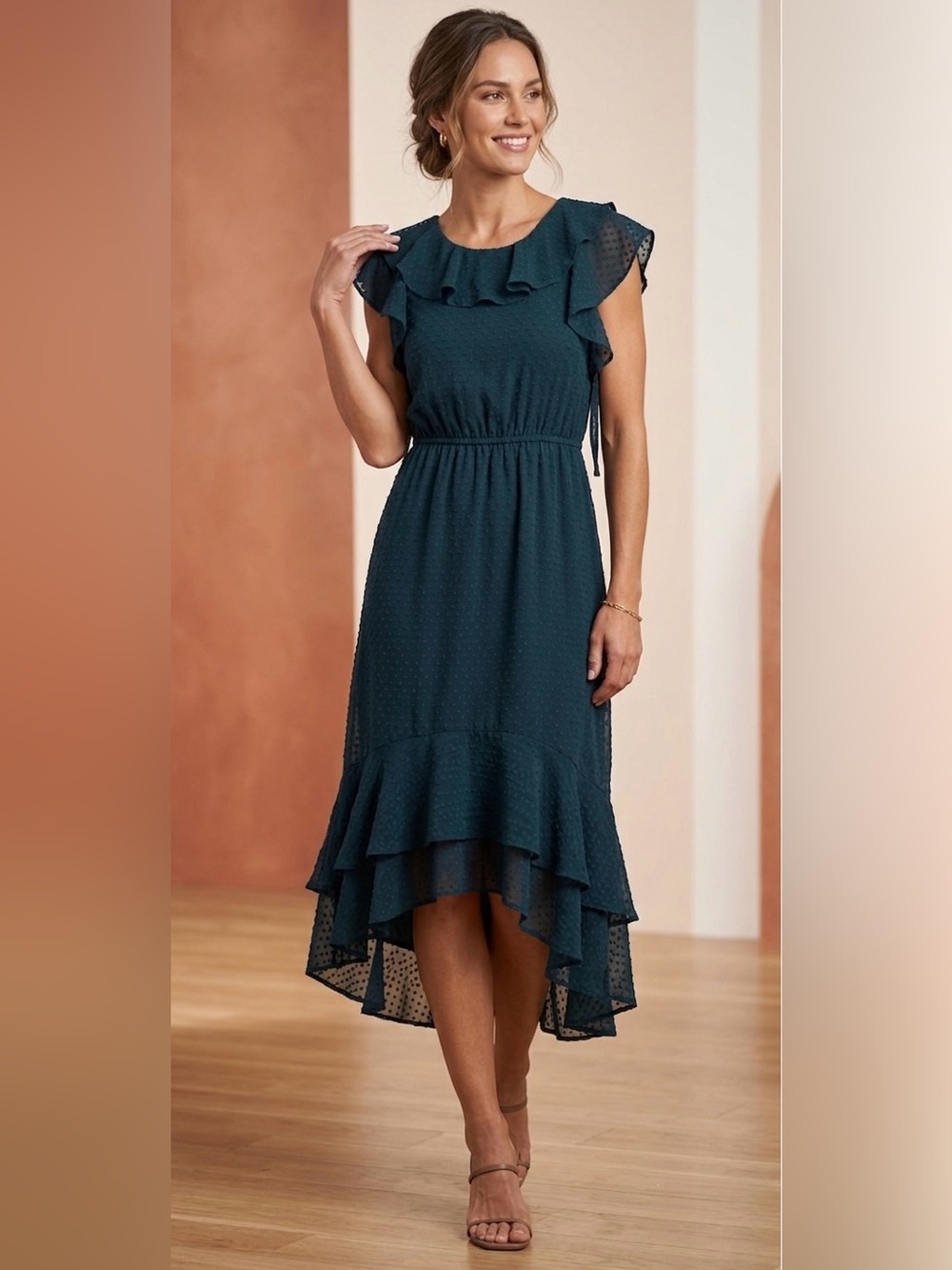 Calvin Klein Navy Ruffled Clip-Dot Chiffon High-Low Dress 4